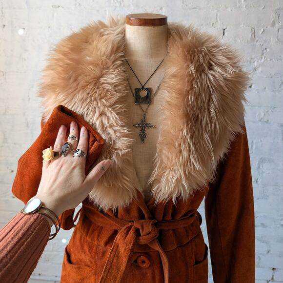 Vintage Orange Suede Penny Lane Jacket Leather Trench Coat Faux Fur Coat Large - Picture 7 of 11